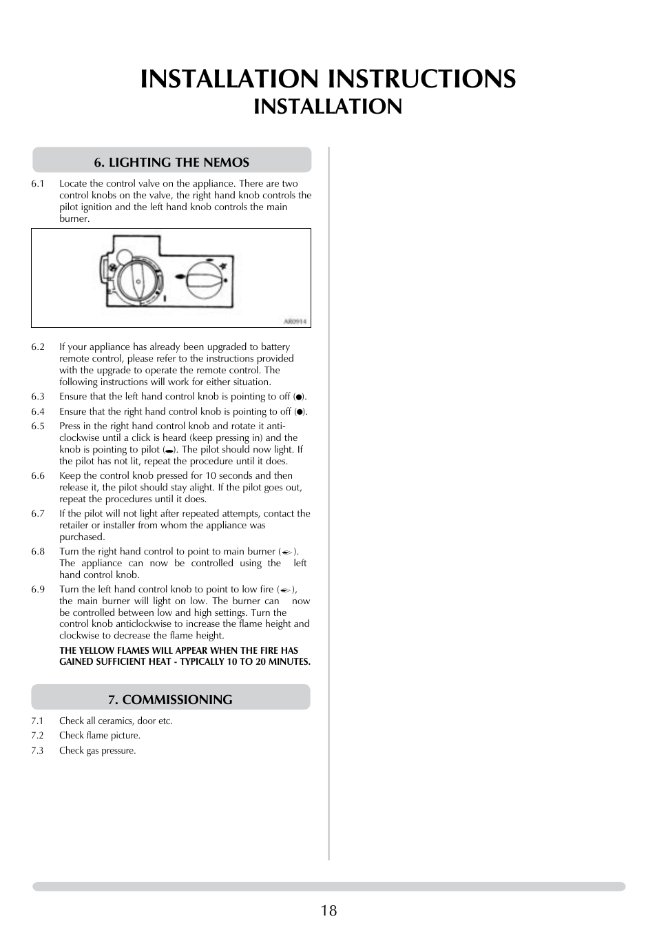 Installation instructions, Installation, Lighting the nemos | Commissioning | Stovax Riva Nemos 8627 MA User Manual | Page 18 / 28