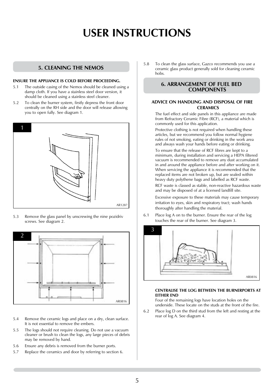 User instructions, Cleaning the nemos, Arrangement of fuel bed components | Stovax Riva Nemos 8627 MA User Manual | Page 5 / 28