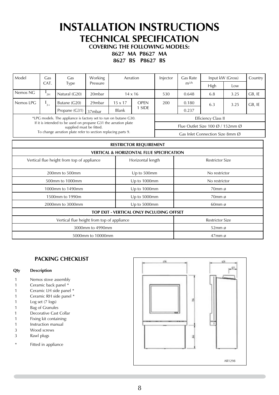 Installation instructions, Technical specification | Stovax Riva Nemos 8627 MA User Manual | Page 8 / 28