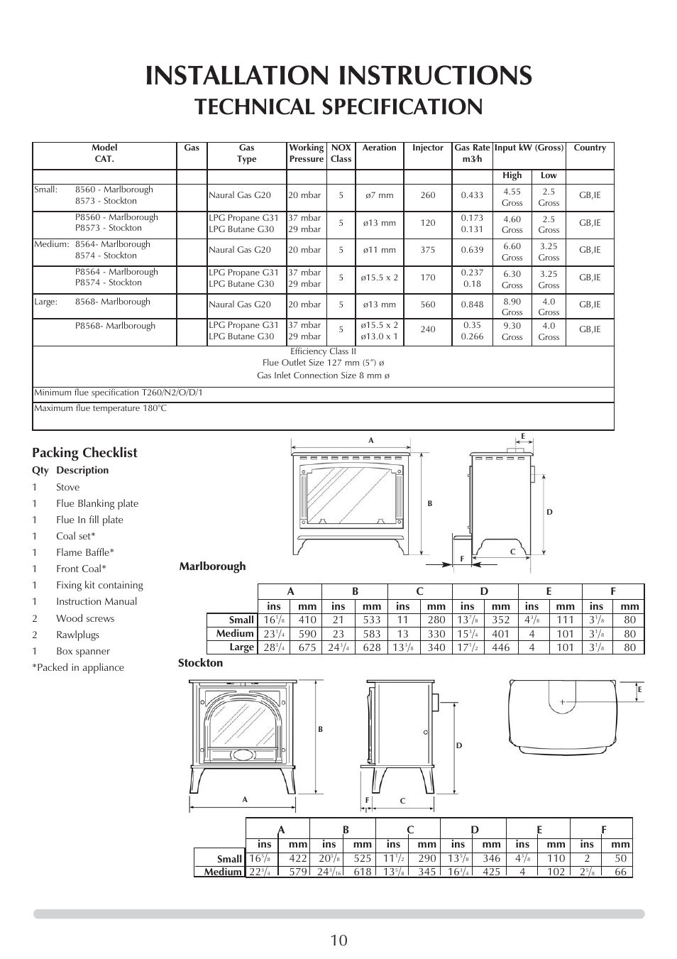 Installation instructions, Technical specification, Packing checklist | Stovax 8564 User Manual | Page 10 / 28