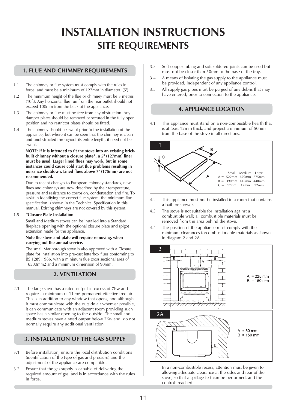 Installation instructions, Site requirements, Flue and chimney requirements | Stovax 8564 User Manual | Page 11 / 28