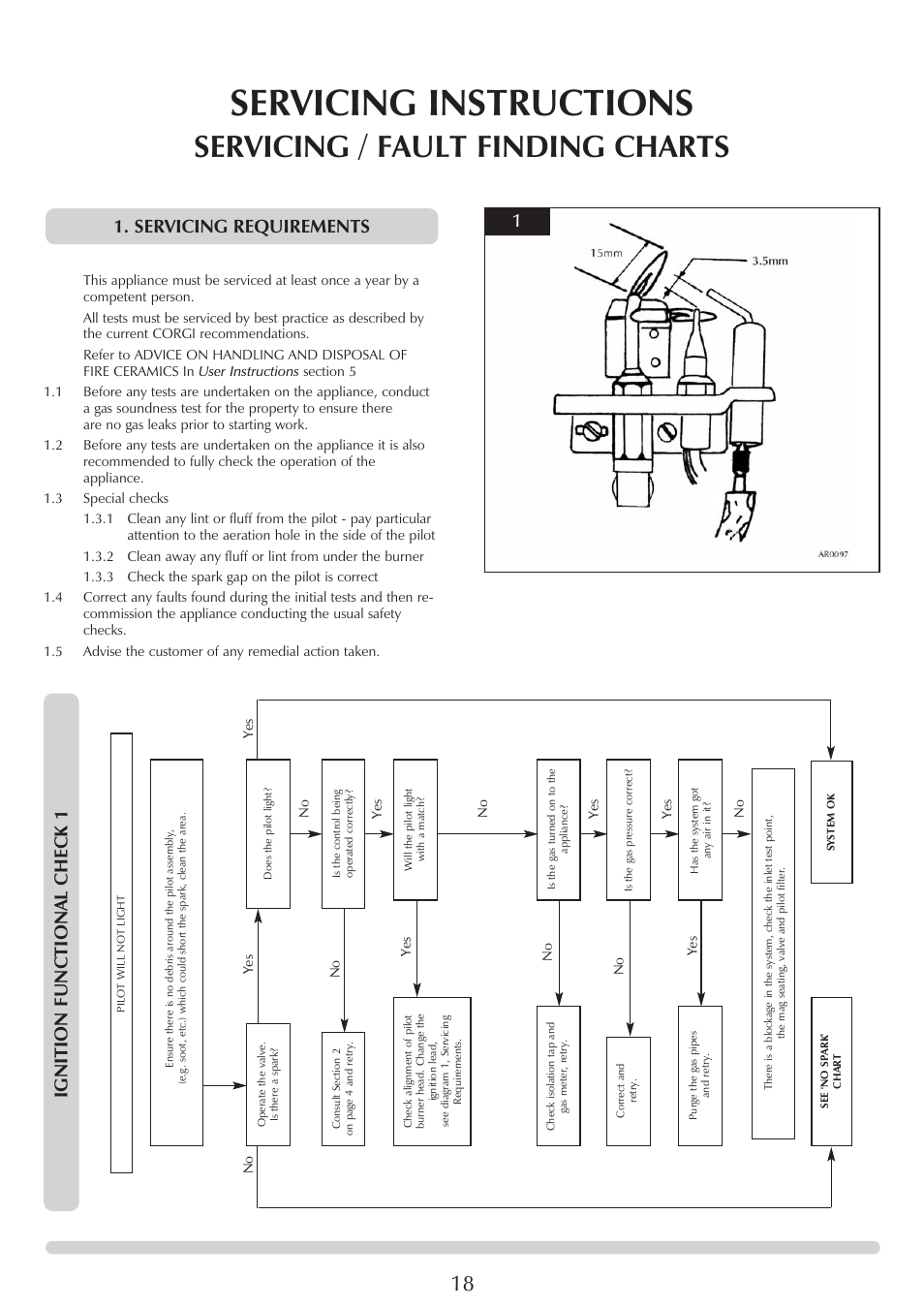 Servicing instructions, Servicing / fault finding charts, Ignition functional check 1 | Servicing requirements 1 | Stovax 8564 User Manual | Page 18 / 28