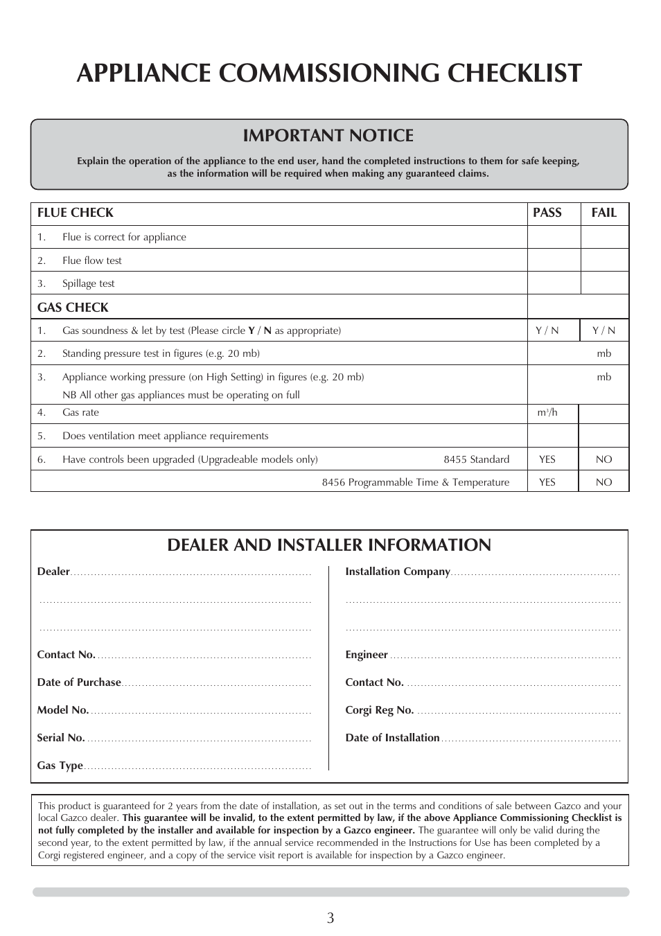 Appliance commissioning checklist, Important notice, Dealer and installer information | Flue check pass fail, Gas check | Stovax 8564 User Manual | Page 3 / 28