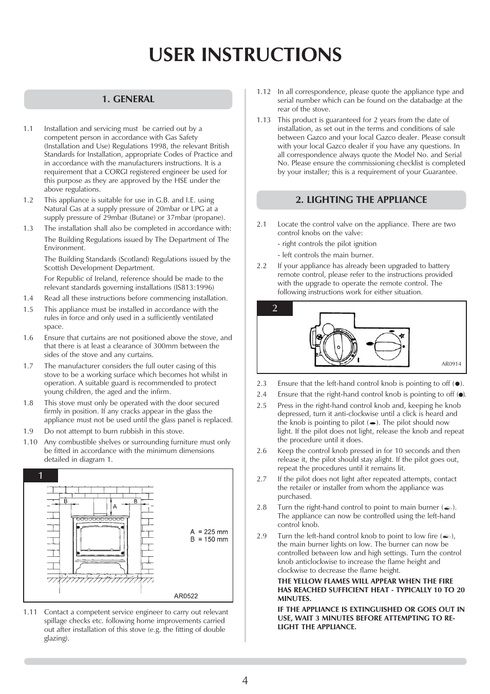 User instructions, General 2. lighting the appliance 1 2 | Stovax 8564 User Manual | Page 4 / 28