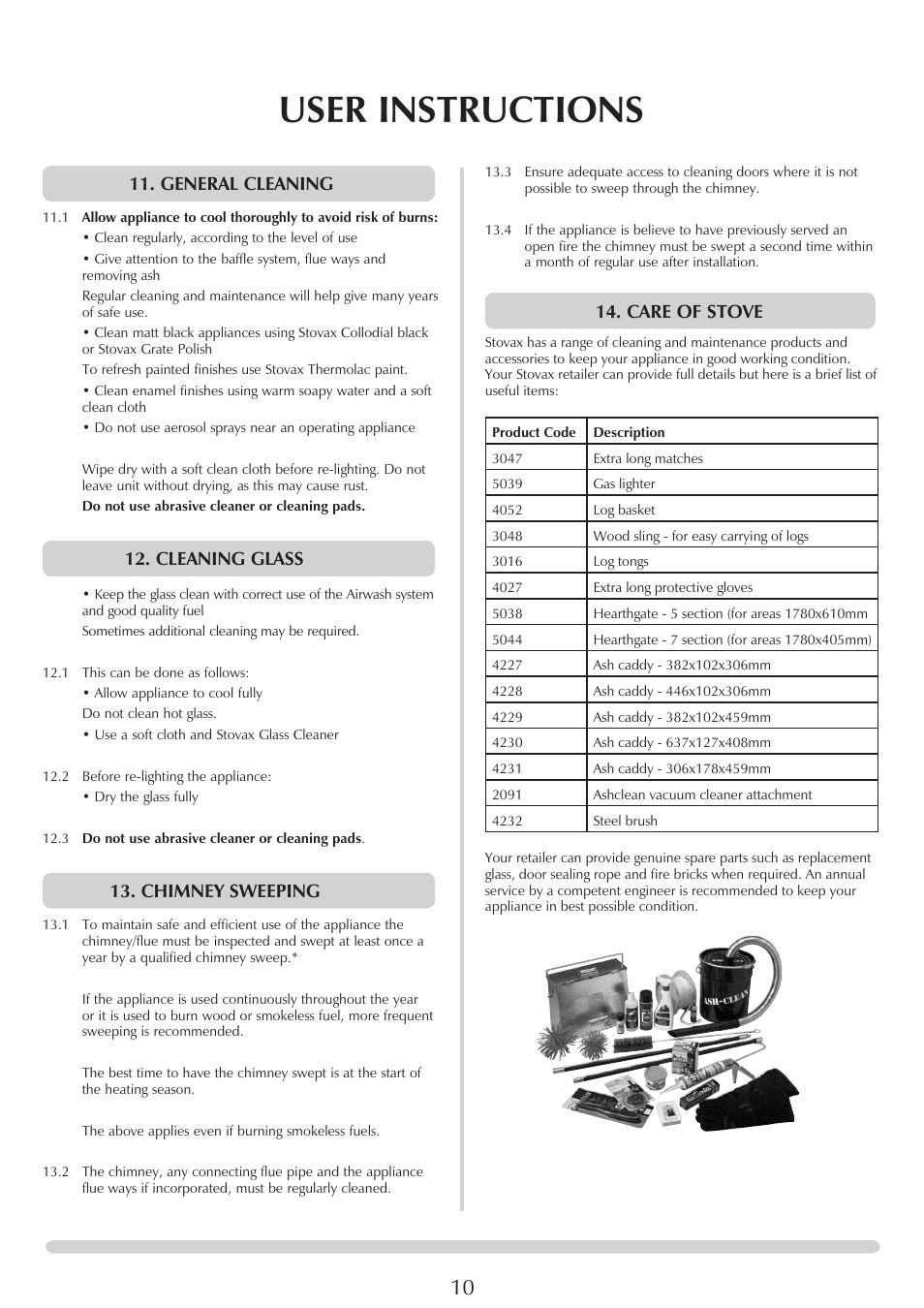 User instructions, Care of stove, General cleaning | Cleaning glass, Chimney sweeping | Stovax Stockton 7162 User Manual | Page 10 / 32