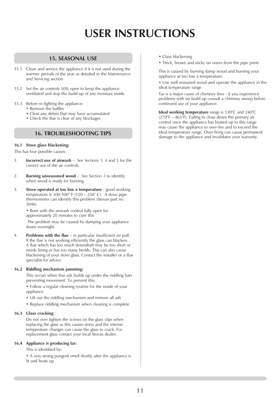 User instructions, Seasonal use, Troubleshooting tips | Stovax Stockton 7162 User Manual | Page 11 / 32