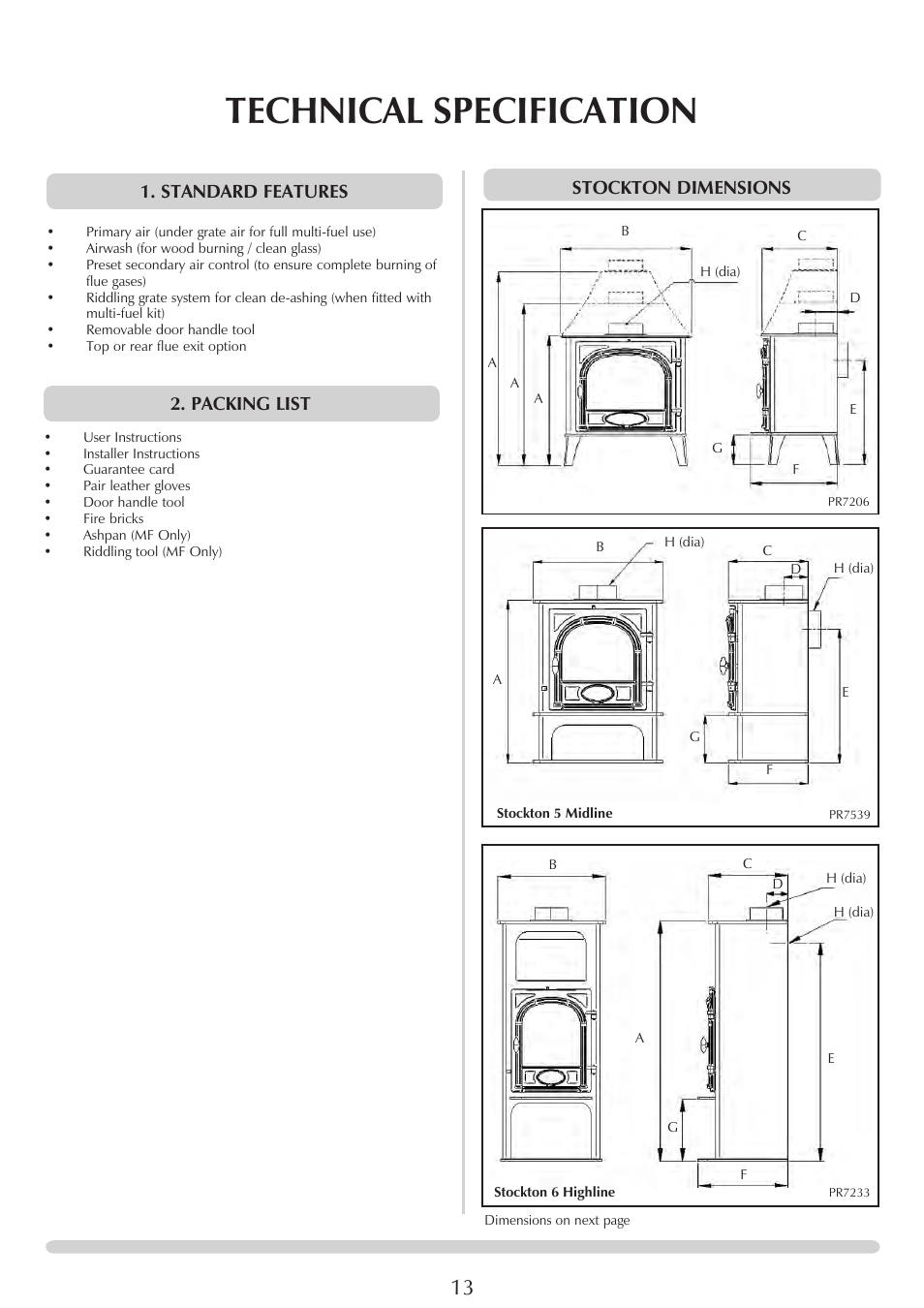 Technical specification, Standard features, Packing list | Stockton dimensions | Stovax Stockton 7162 User Manual | Page 13 / 32