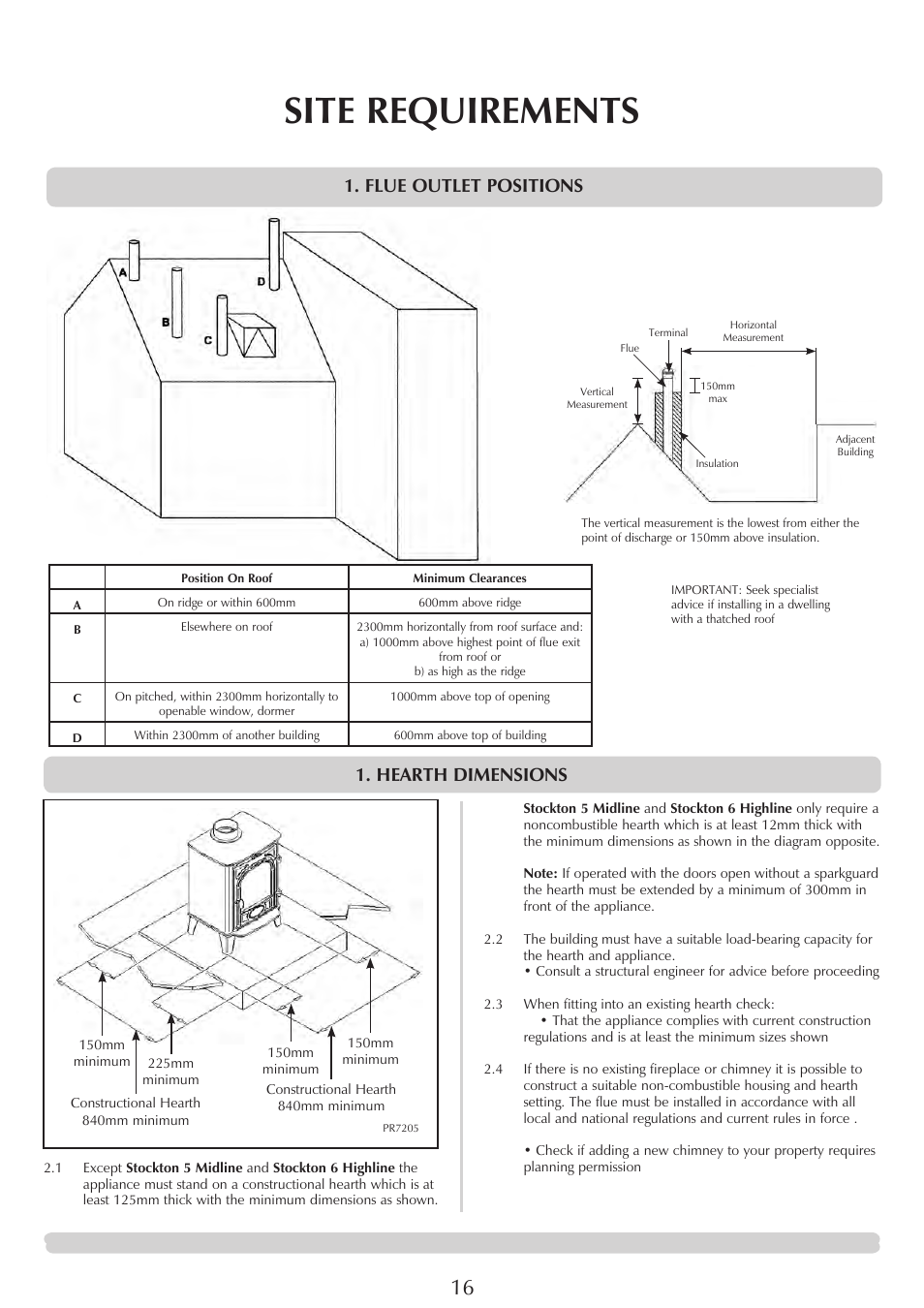 Site requirements, Hearth dimensions, Flue outlet positions | Stovax Stockton 7162 User Manual | Page 16 / 32