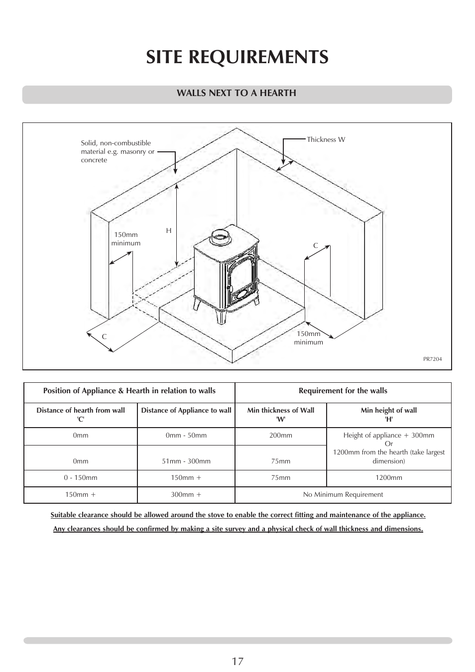 Site requirements, Walls next to a hearth | Stovax Stockton 7162 User Manual | Page 17 / 32