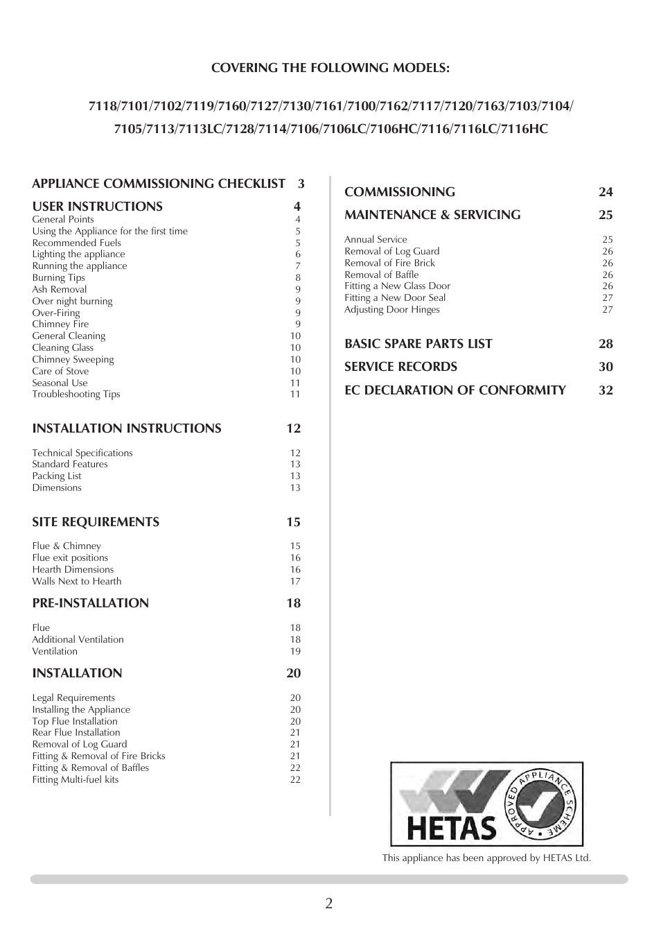 Installation instructions 12, Site requirements 15, Pre-installation 18 | Installation, Commissioning 24 maintenance & servicing 25 | Stovax Stockton 7162 User Manual | Page 2 / 32