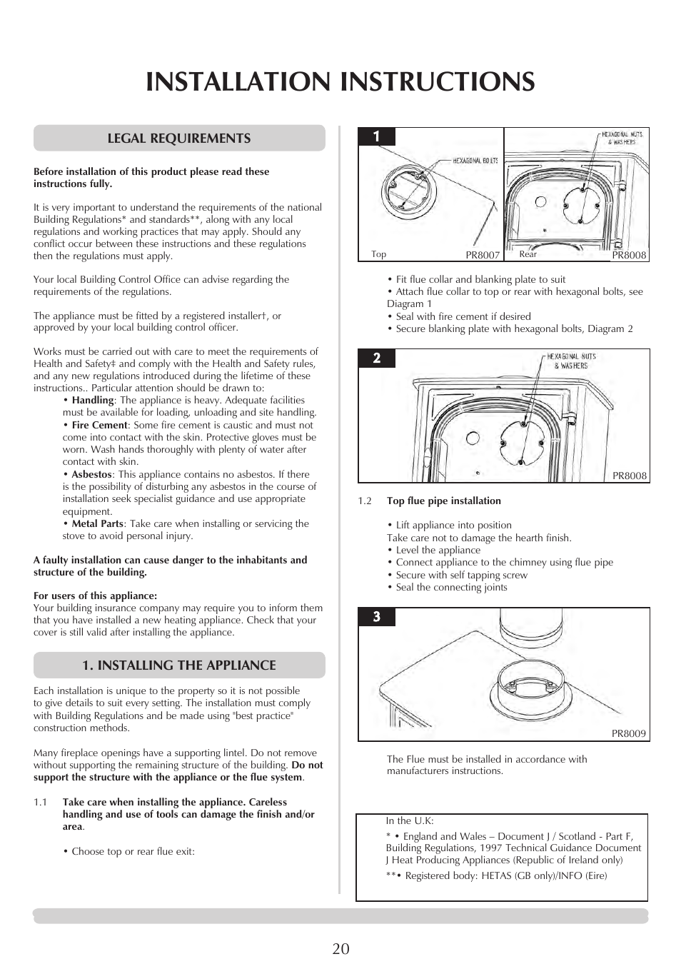 Installation instructions, Legal requirements, Installing the appliance | Stovax Stockton 7162 User Manual | Page 20 / 32