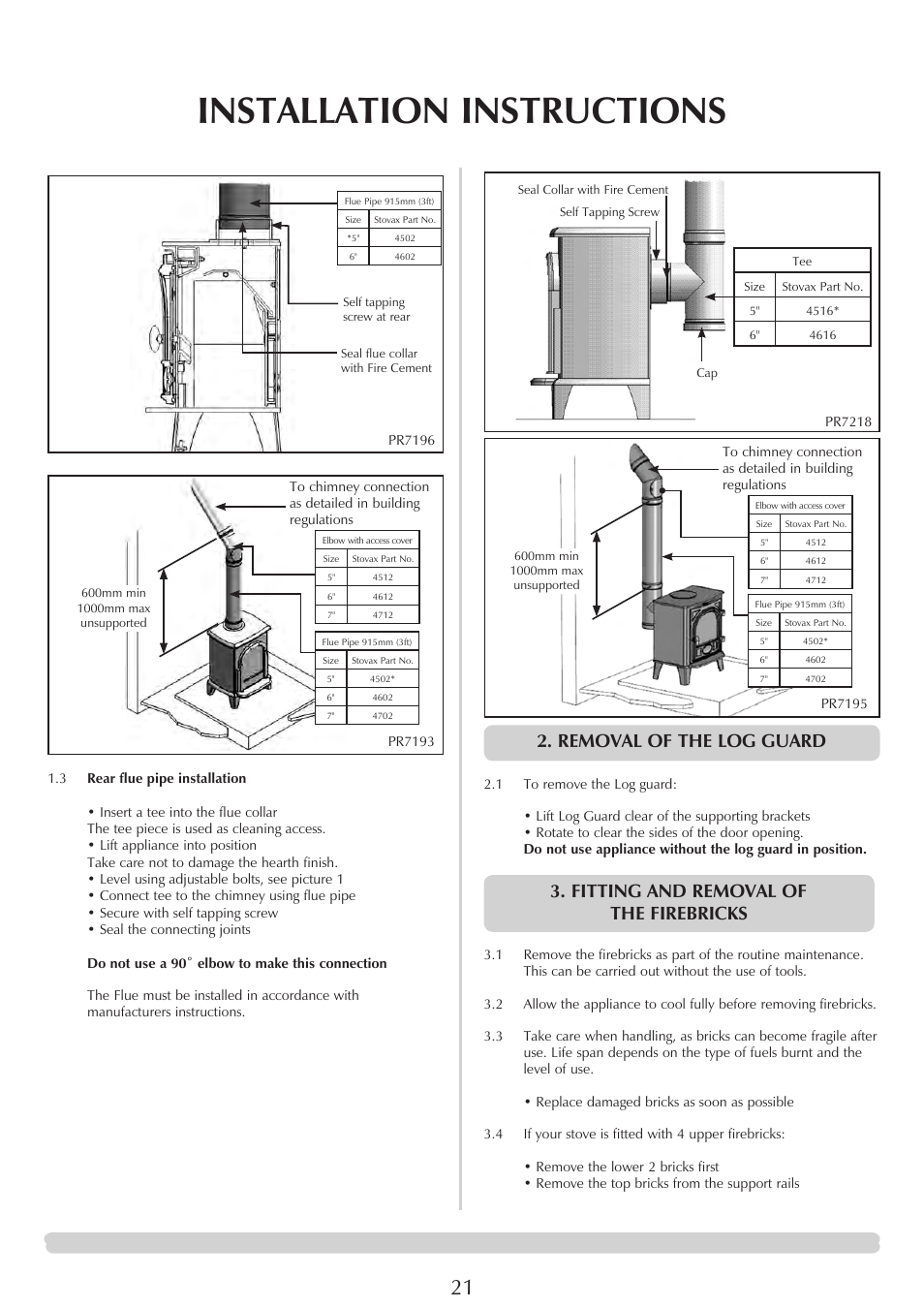 Installation instructions, Removal of the log guard, Fitting and removal of the firebricks | Stovax Stockton 7162 User Manual | Page 21 / 32