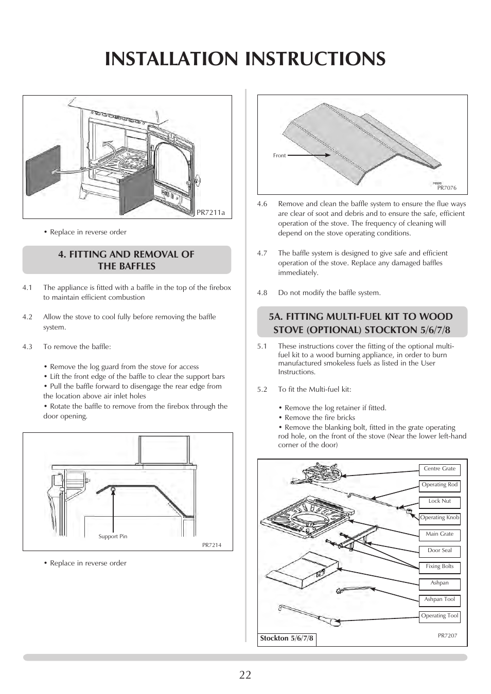 Installation instructions, Fitting and removal of the baffles | Stovax Stockton 7162 User Manual | Page 22 / 32