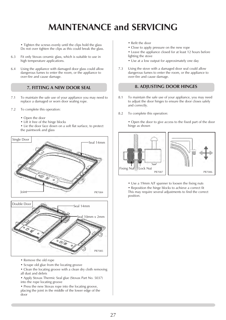 Maintenance and servicing, Adjusting door hinges, Fitting a new door seal | Stovax Stockton 7162 User Manual | Page 27 / 32