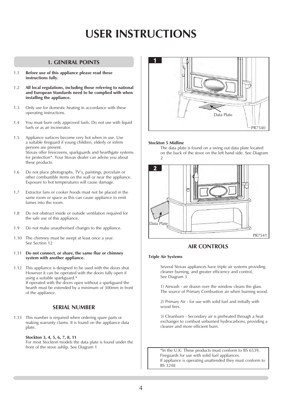 User instructions, General points, Serial number | Air controls | Stovax Stockton 7162 User Manual | Page 4 / 32