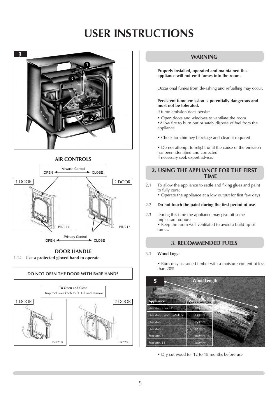 User instructions, Warning, Using the appliance for the first time | Recommended fuels | Stovax Stockton 7162 User Manual | Page 5 / 32