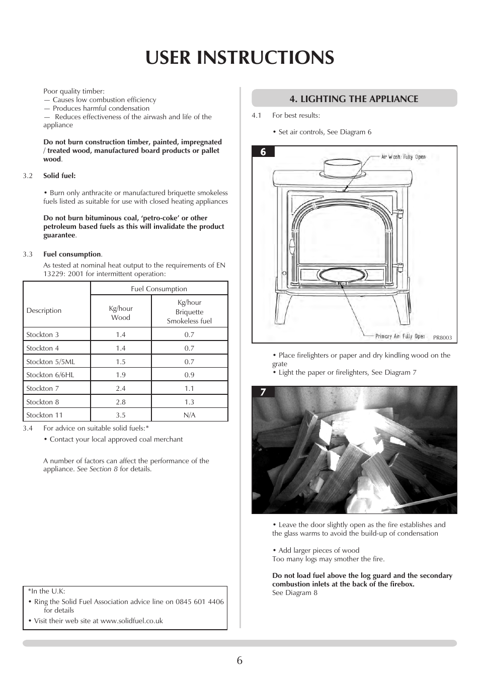 User instructions, Lighting the appliance | Stovax Stockton 7162 User Manual | Page 6 / 32