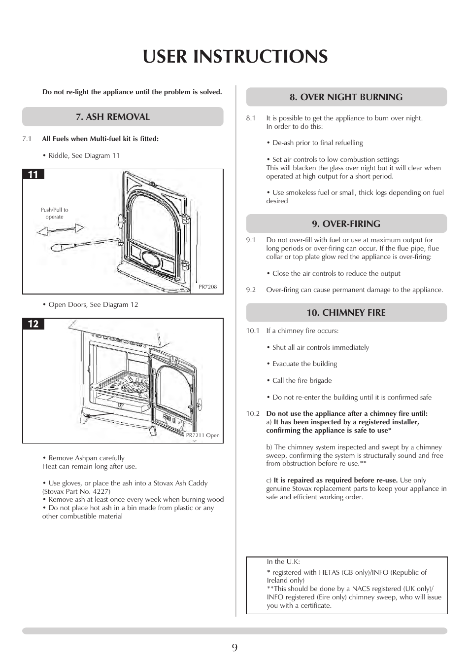 User instructions, Ash removal, Over night burning | Over-firing, Chimney fire | Stovax Stockton 7162 User Manual | Page 9 / 32