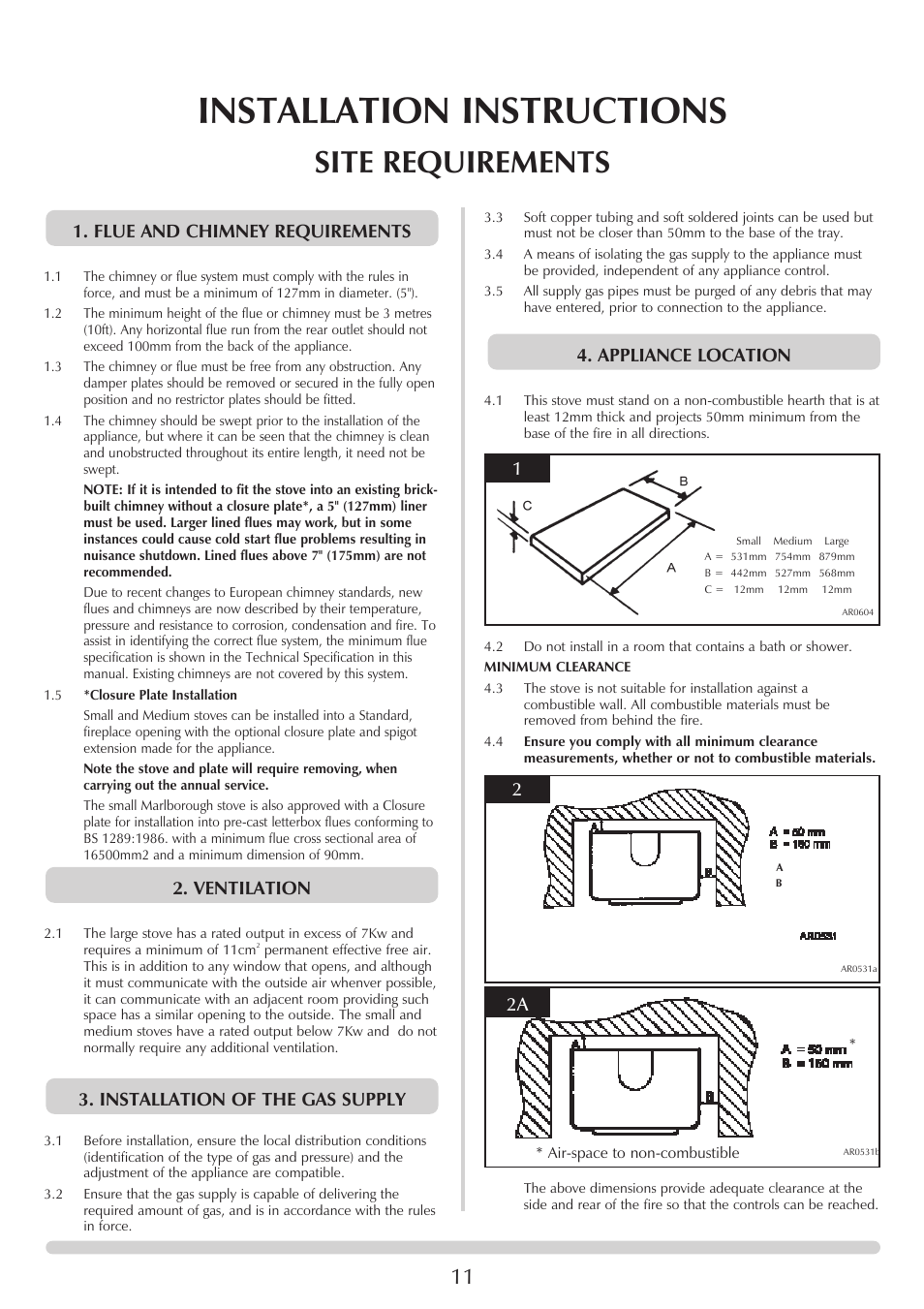 Installation instructions, Site requirements, Flue and chimney requirements | Stovax 8542-P8542 User Manual | Page 11 / 28