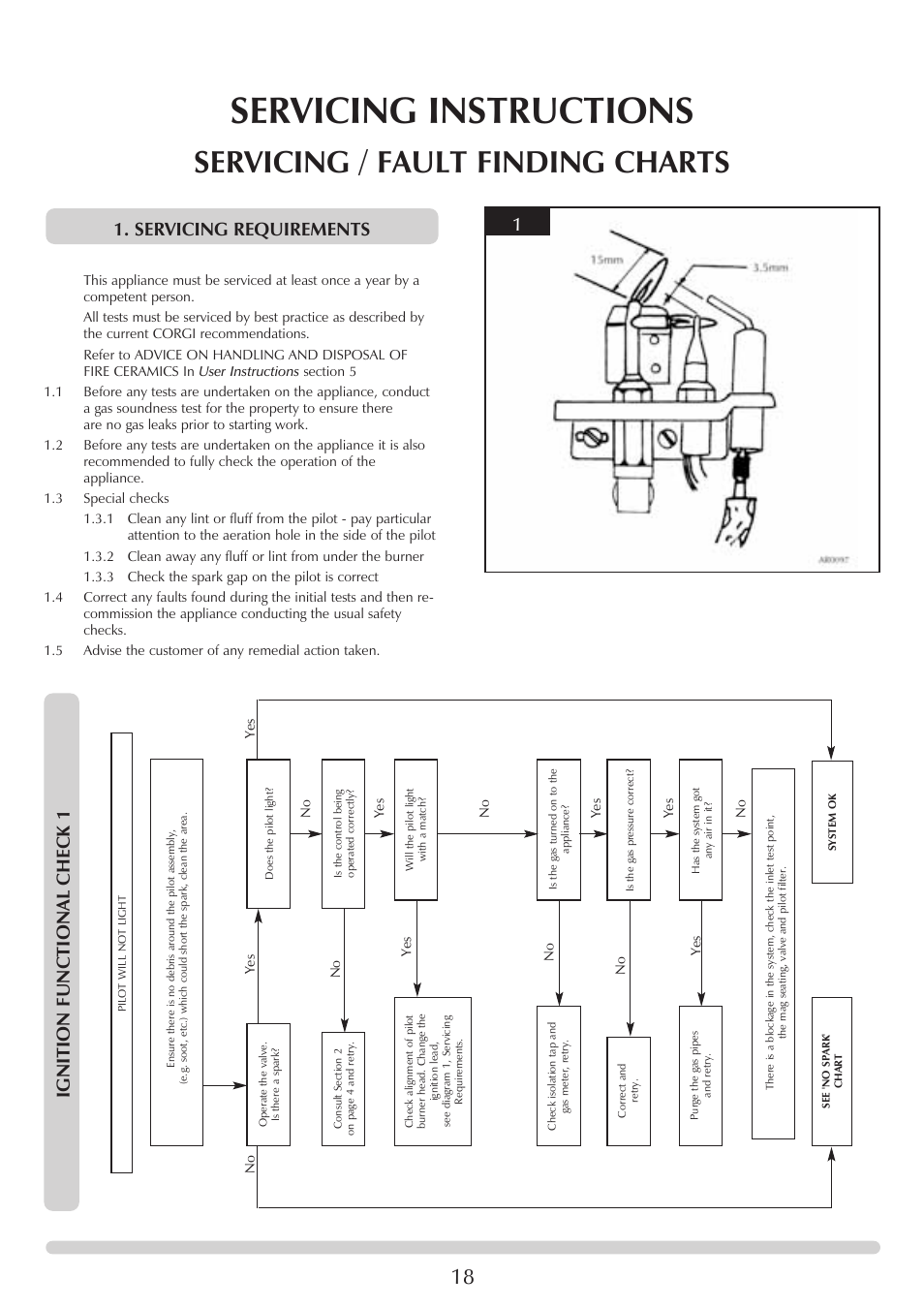 Servicing instructions, Servicing / fault finding charts, Ignition functional check 1 | Servicing requirements 1 | Stovax 8542-P8542 User Manual | Page 18 / 28