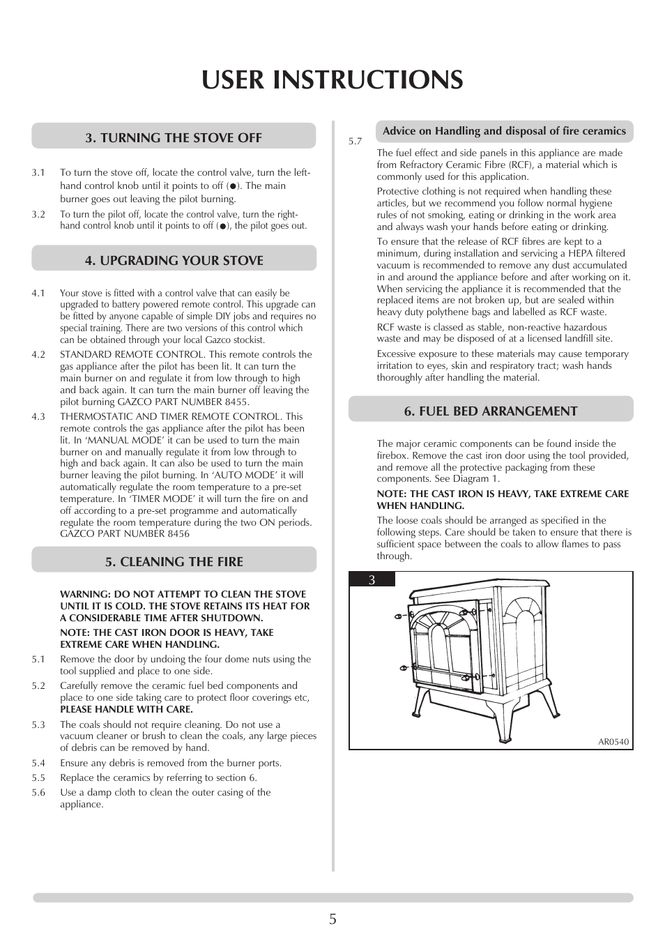 User instructions, Turning the stove off | Stovax 8542-P8542 User Manual | Page 5 / 28