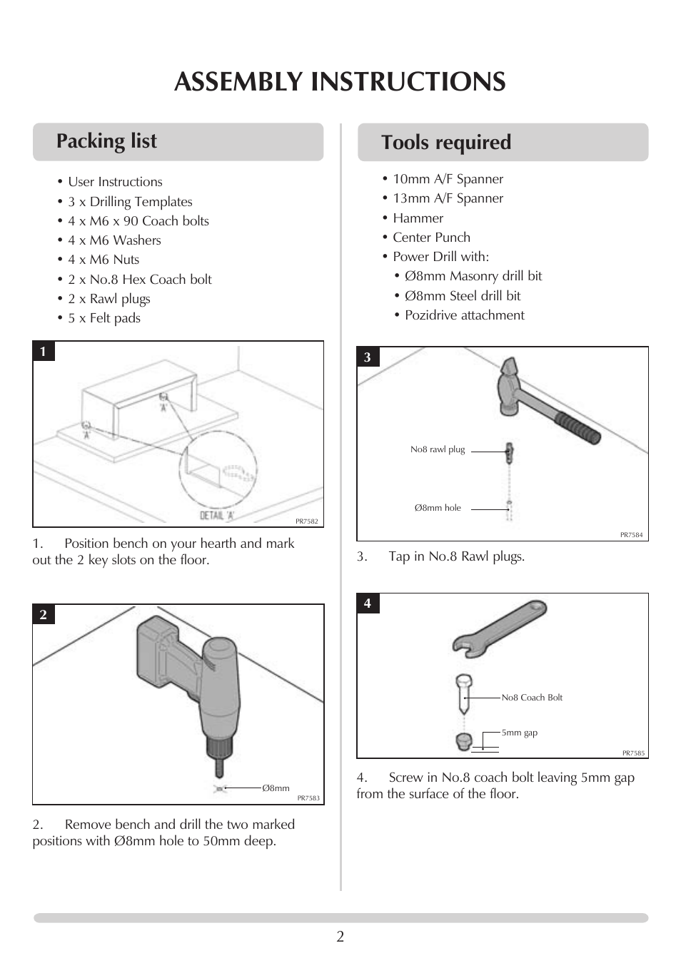 Assembly instructions, Packing list, Tools required | Stovax RVACB45B User Manual | Page 2 / 4