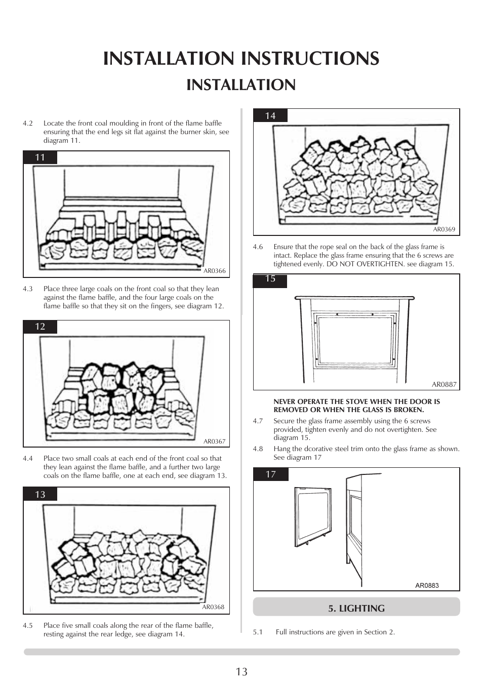 Installation instructions, Installation | Stovax AR0368 User Manual | Page 13 / 26