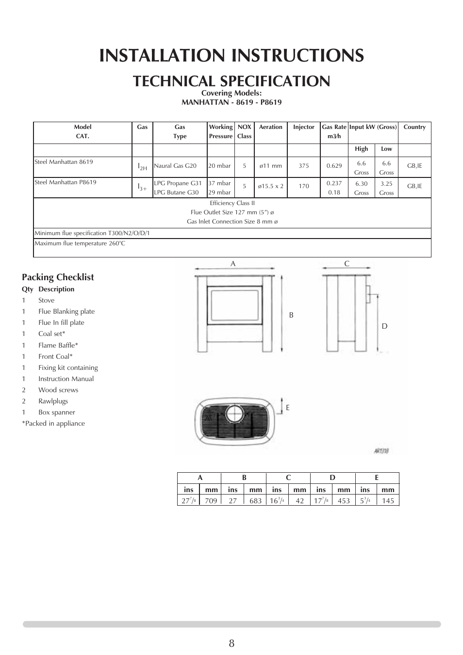 Installation instructions, Technical specification, Packing checklist | Stovax AR0368 User Manual | Page 8 / 26