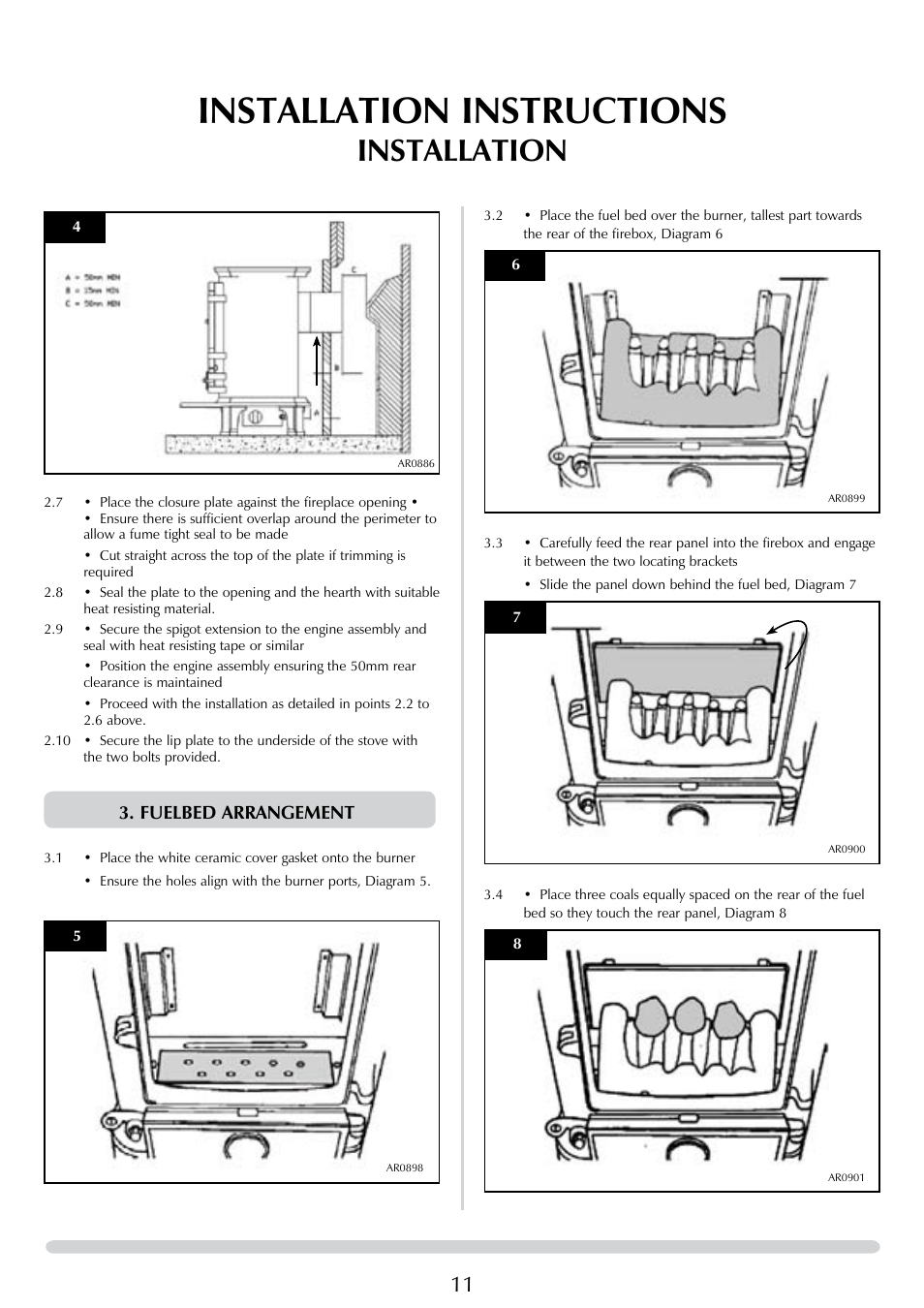 Installation instructions, Installation, Fuelbed arrangement | Stovax Brunel 8050 User Manual | Page 11 / 20