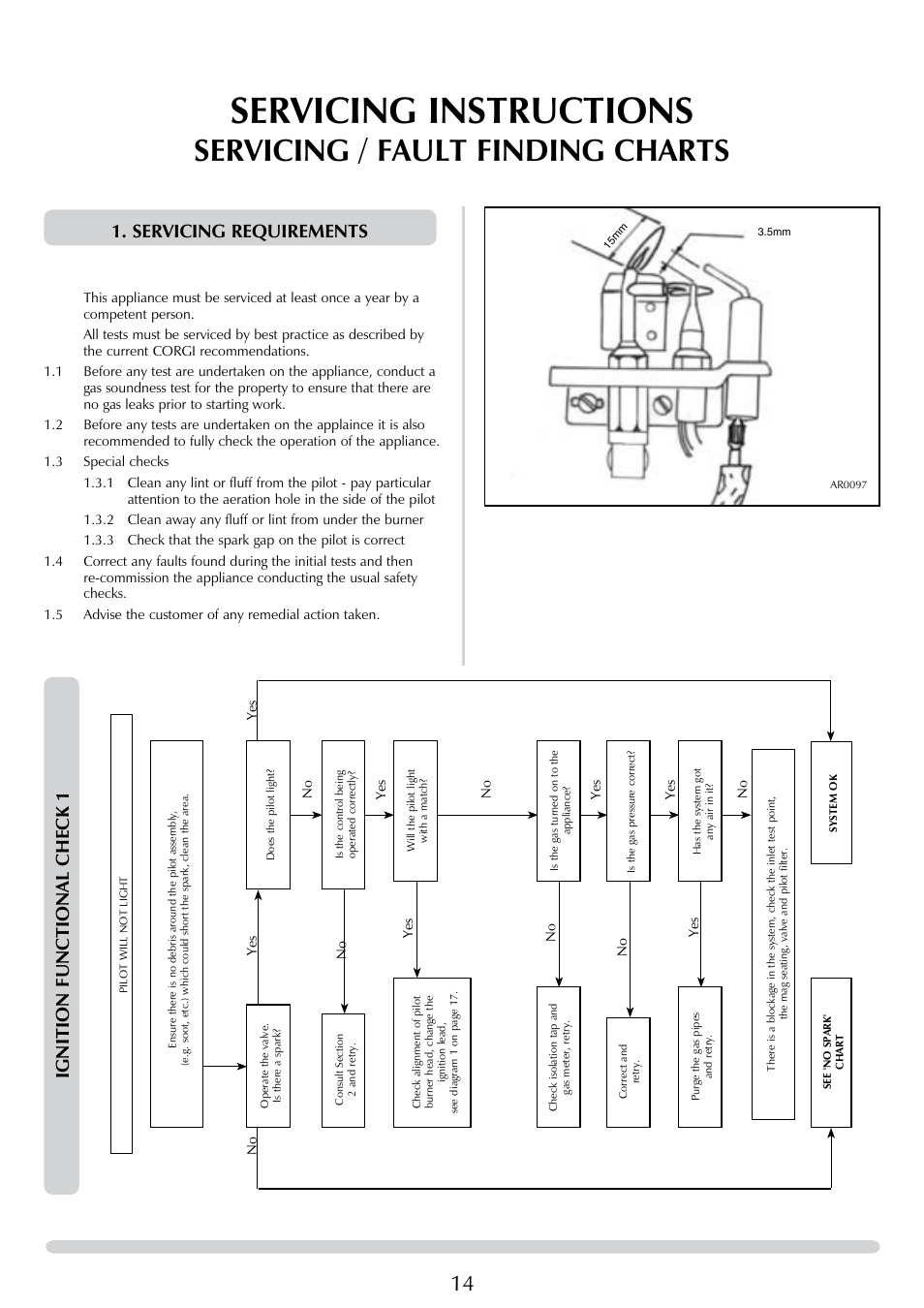 Servicing instructions, Servicing / fault finding charts, Ignition functional chec k 1 | Servicing requirements | Stovax Brunel 8050 User Manual | Page 14 / 20