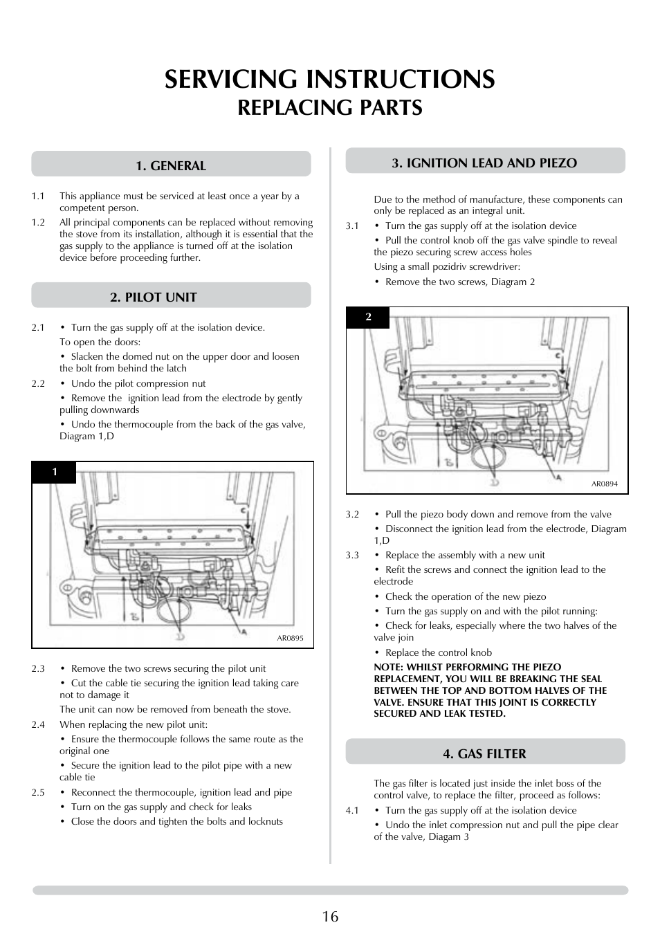 Servicing instructions, Replacing parts, Ignition lead and piezo | Gas filter, General, Pilot unit | Stovax Brunel 8050 User Manual | Page 16 / 20