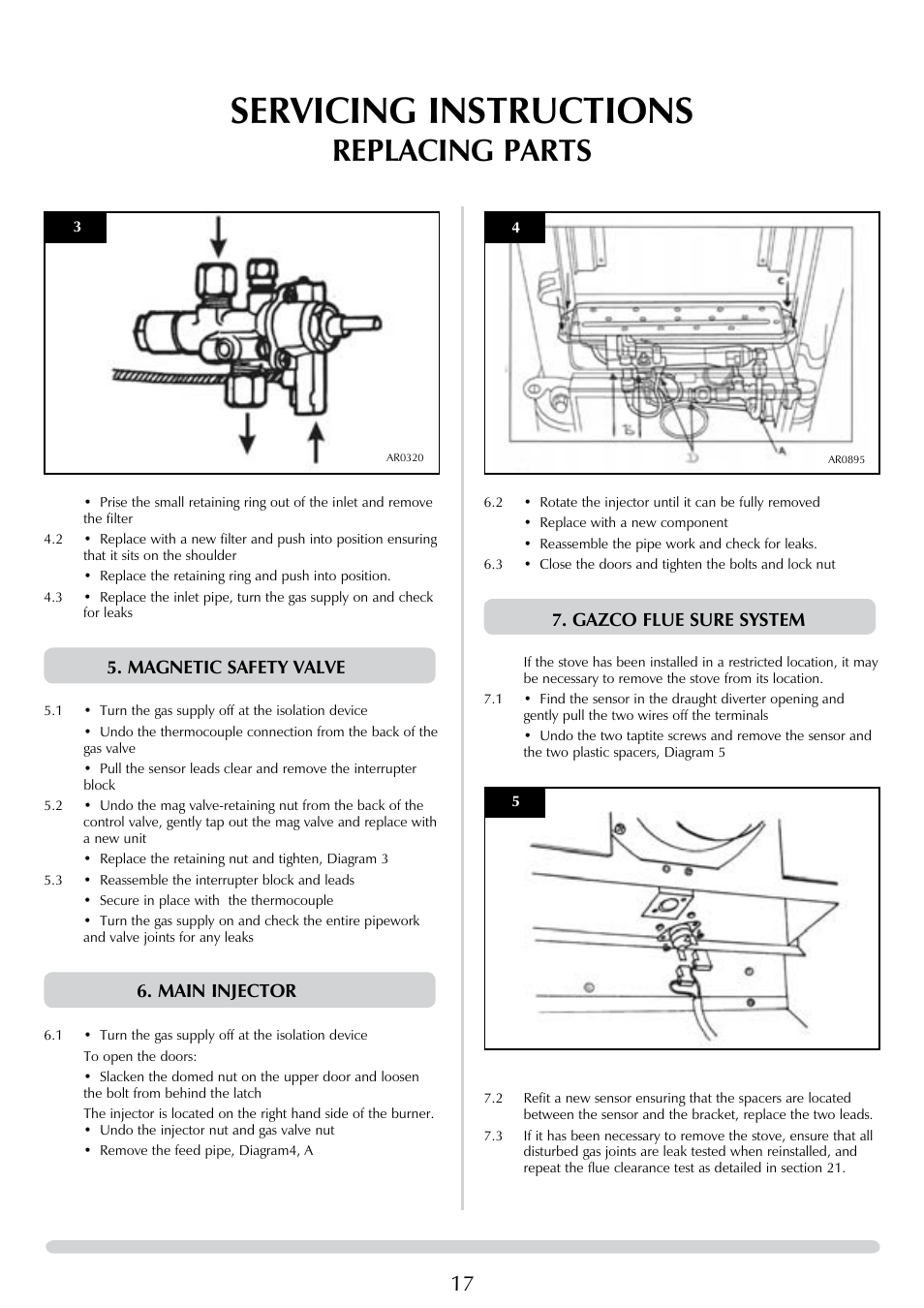 Servicing instructions, Replacing parts, Magnetic safety valve | Main injector, Gazco flue sure system | Stovax Brunel 8050 User Manual | Page 17 / 20