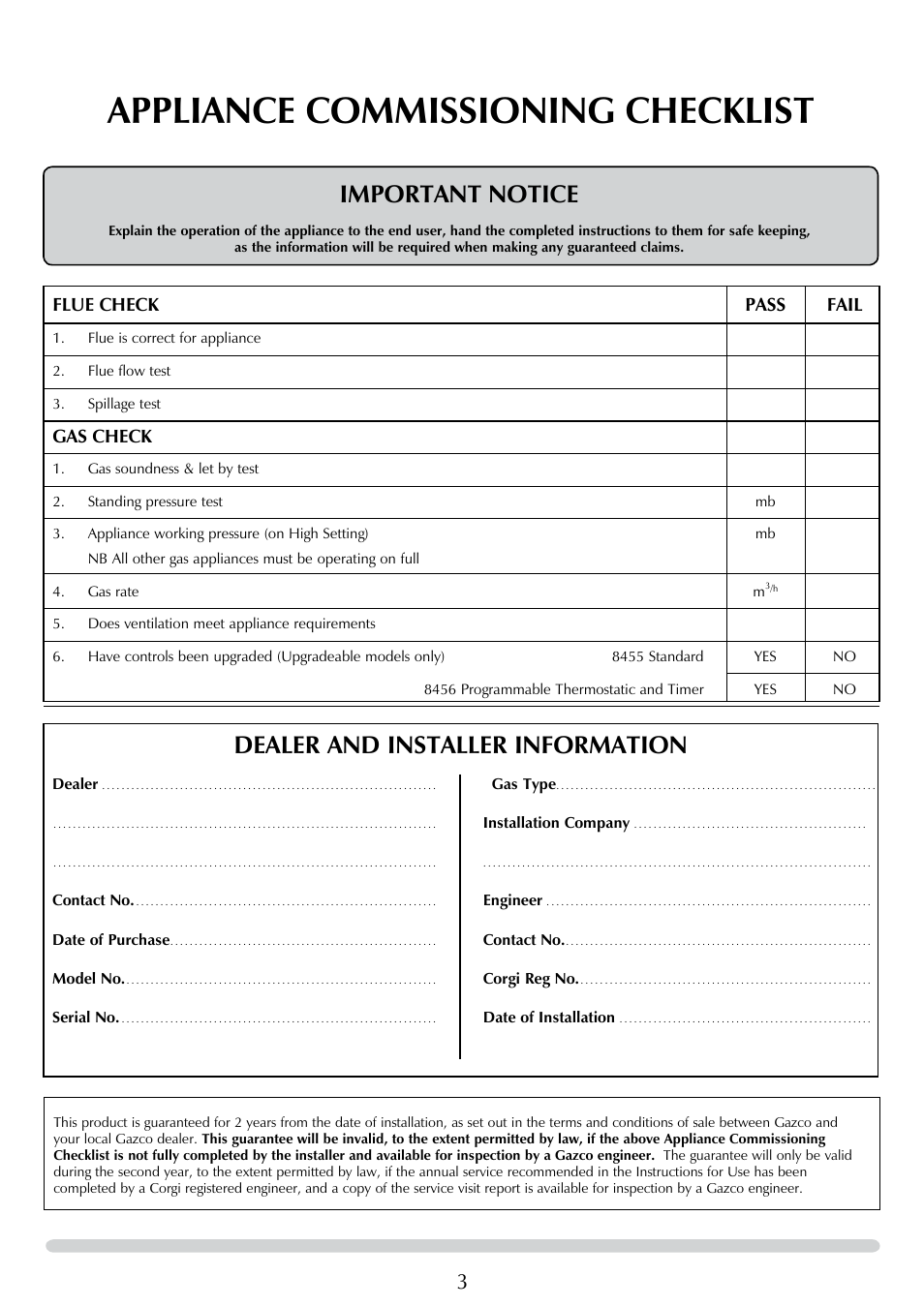 Appliance commissioning checklist, Important notice, Dealer and installer information | Flue check pass fail, Gas check | Stovax Brunel 8050 User Manual | Page 3 / 20