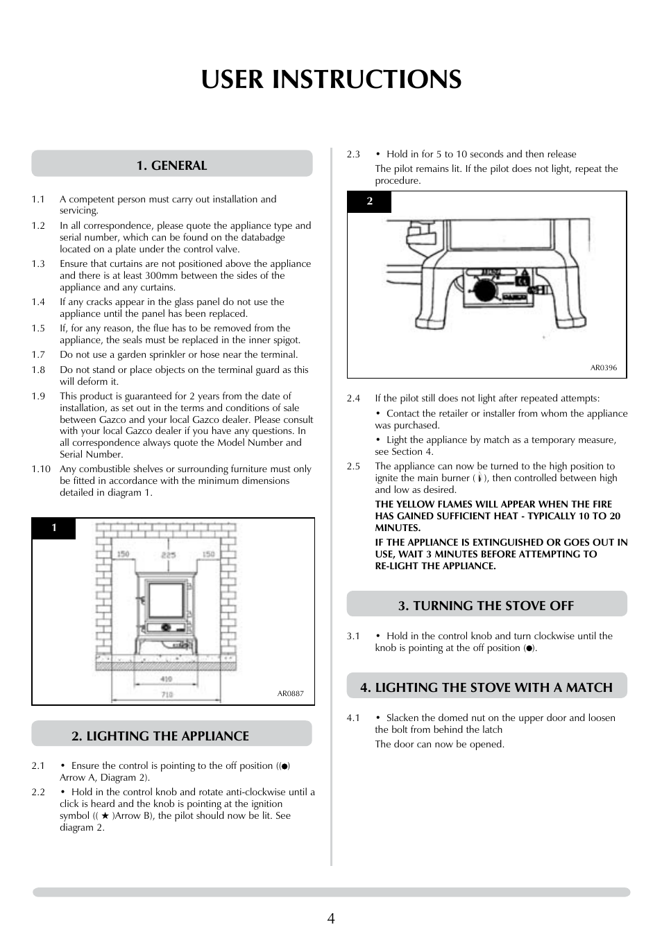 User instructions, Turning the stove off, Lighting the stove with a match | General, Lighting the appliance | Stovax Brunel 8050 User Manual | Page 4 / 20