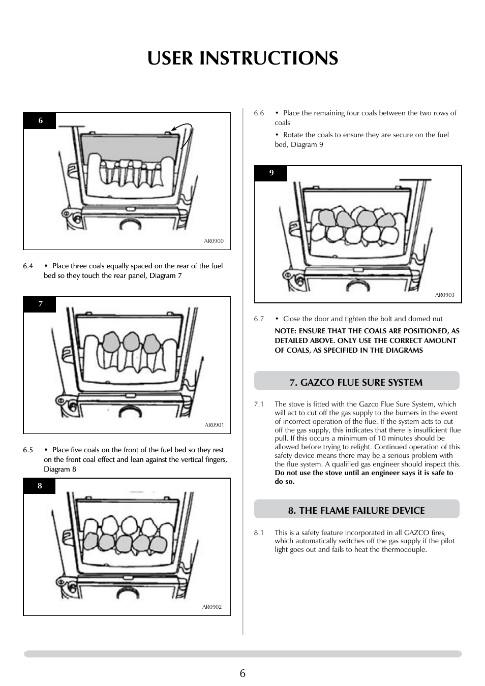User instructions, Gazco flue sure system, The flame failure device | Stovax Brunel 8050 User Manual | Page 6 / 20
