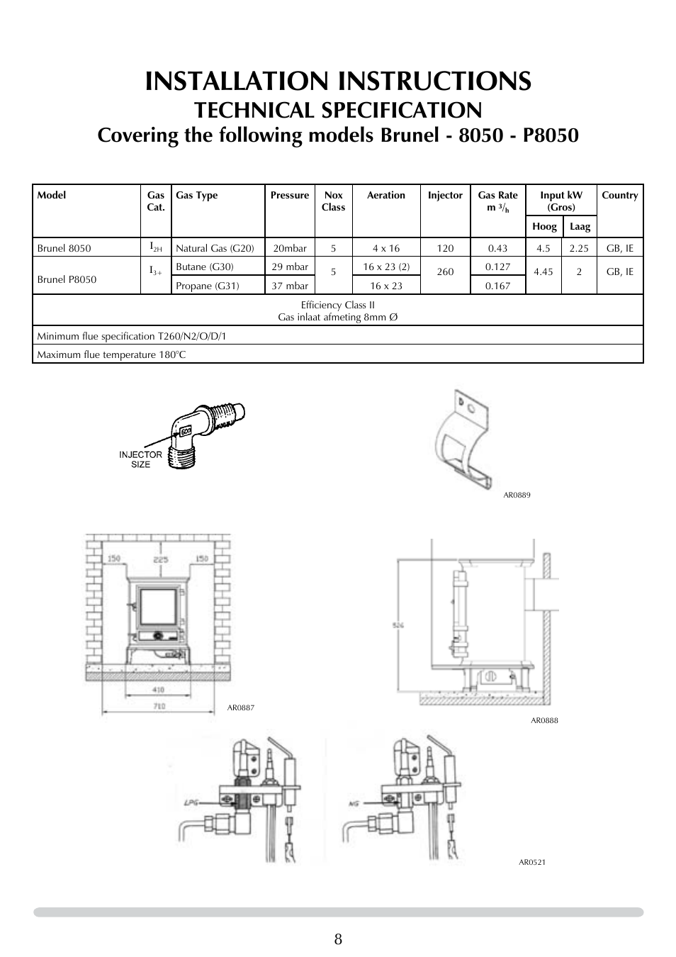 Installation instructions, Technical specification | Stovax Brunel 8050 User Manual | Page 8 / 20
