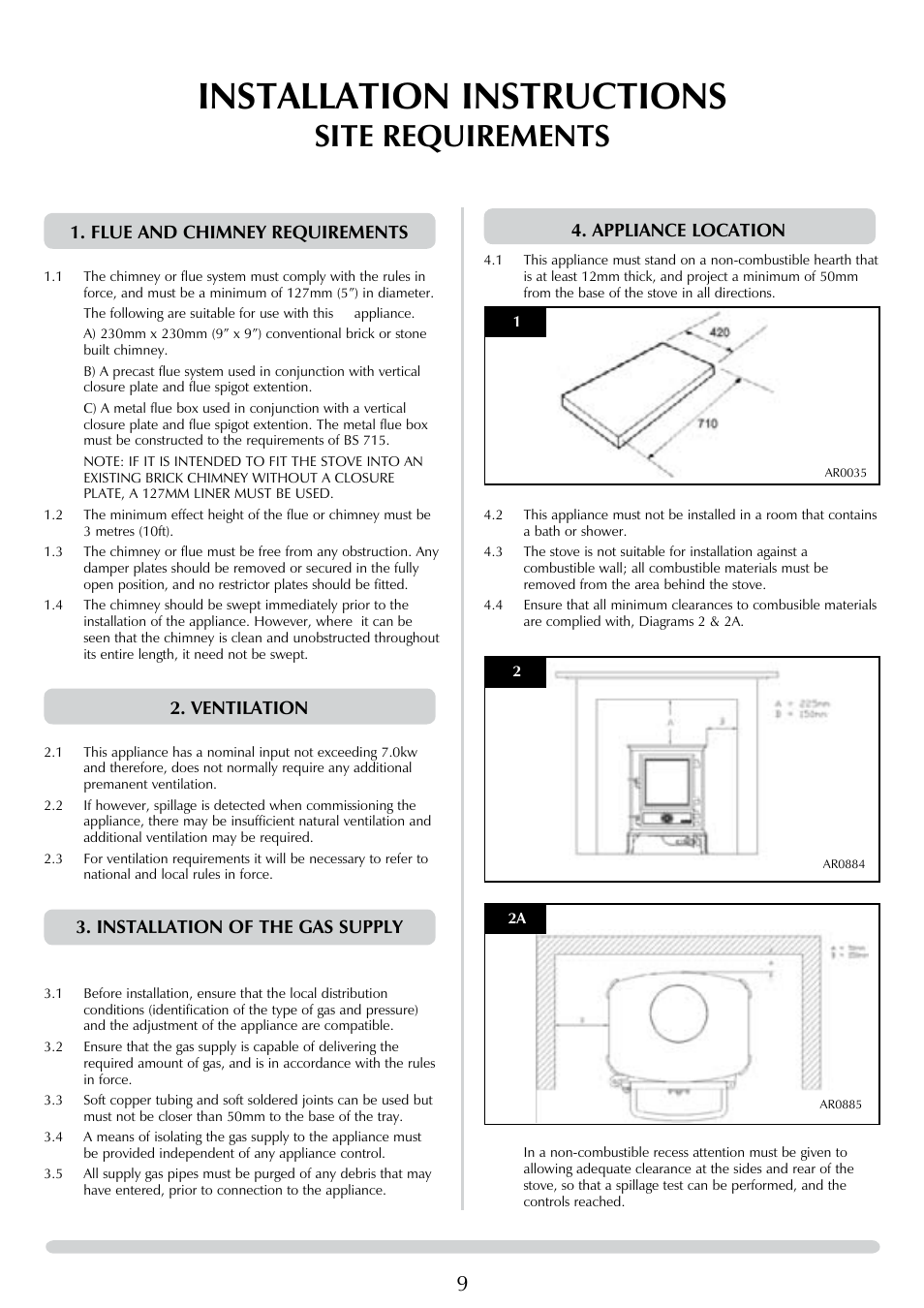 Installation instructions, Site requirements, Flue and chimney requirements | Ventilation, Installation of the gas supply, Appliance location | Stovax Brunel 8050 User Manual | Page 9 / 20