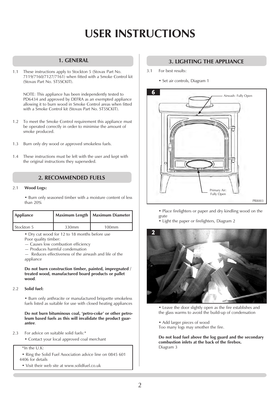 User instructions, General, Recommended fuels | Lighting the appliance | Stovax Stockton 7161 User Manual | Page 2 / 6