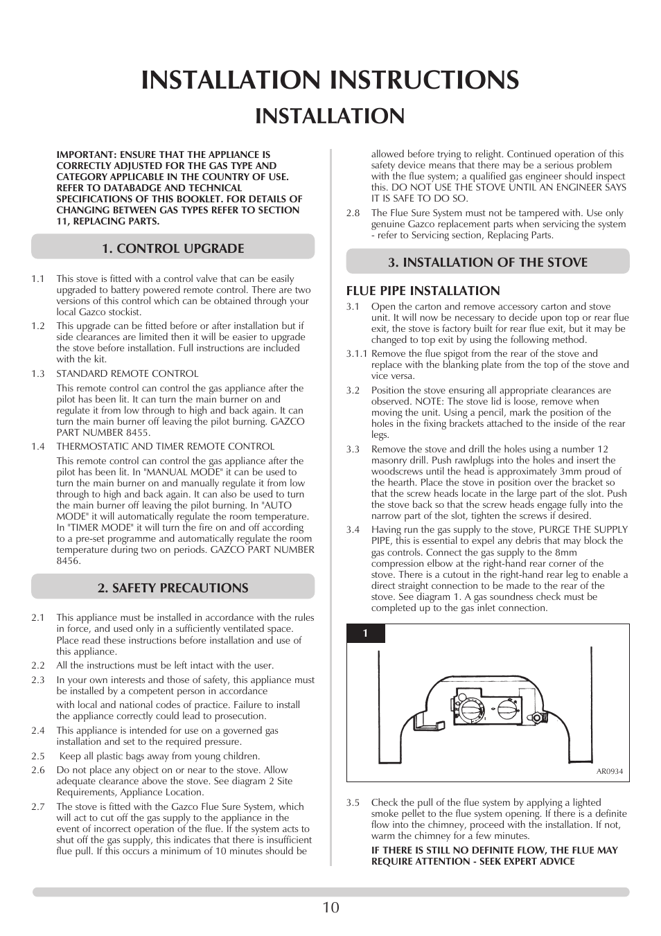 Installation instructions, Installation, Control upgrade | Safety precautions, Installation of the stove flue pipe installation | Stovax 705088 User Manual | Page 10 / 23