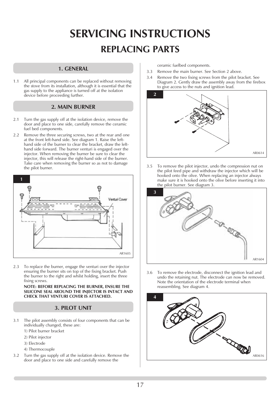Servicing instructions, Replacing parts, General | Main burner, Pilot unit | Stovax 705088 User Manual | Page 17 / 23