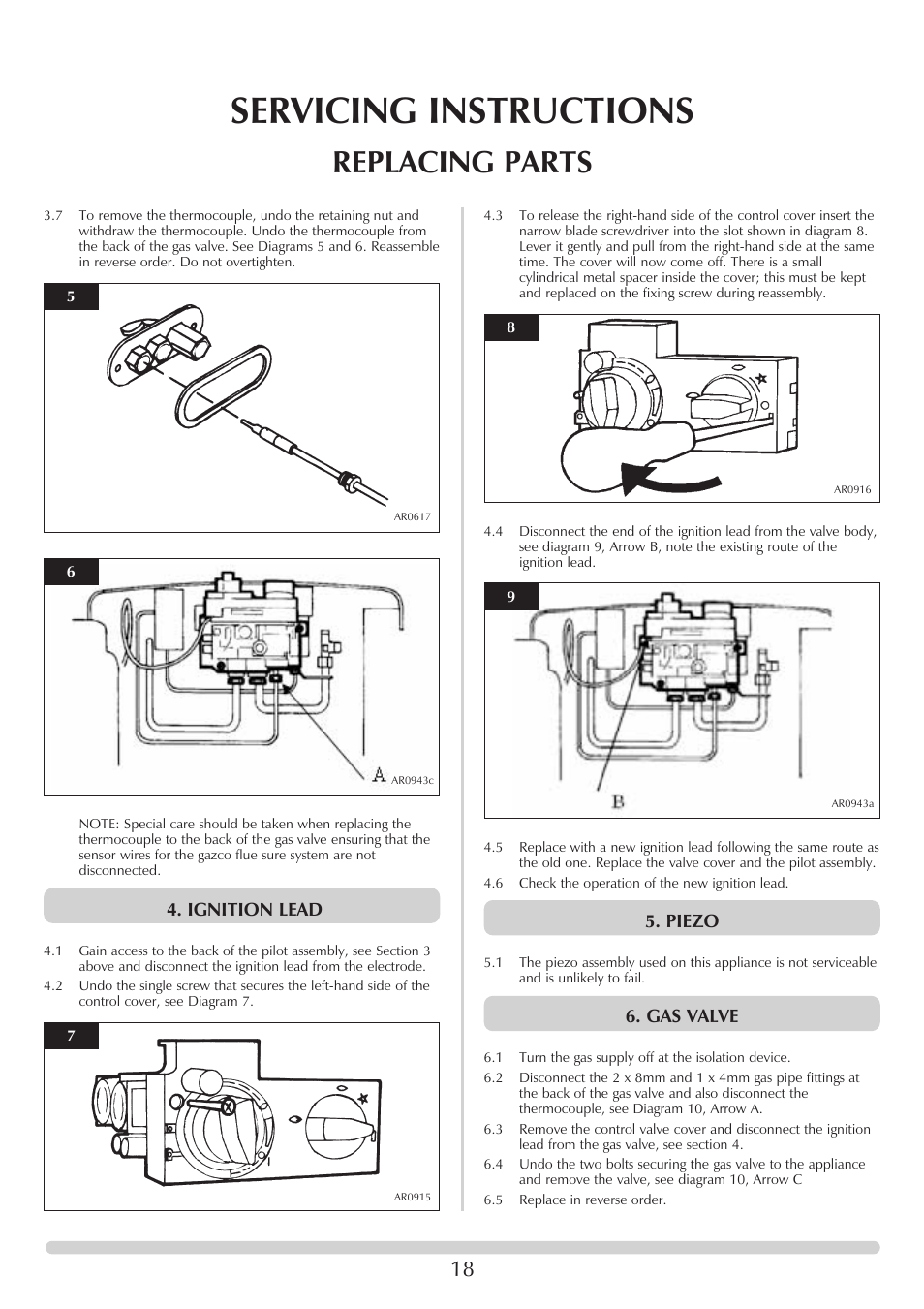 Servicing instructions, Replacing parts, Ignition lead | Piezo, Gas valve | Stovax 705088 User Manual | Page 18 / 23