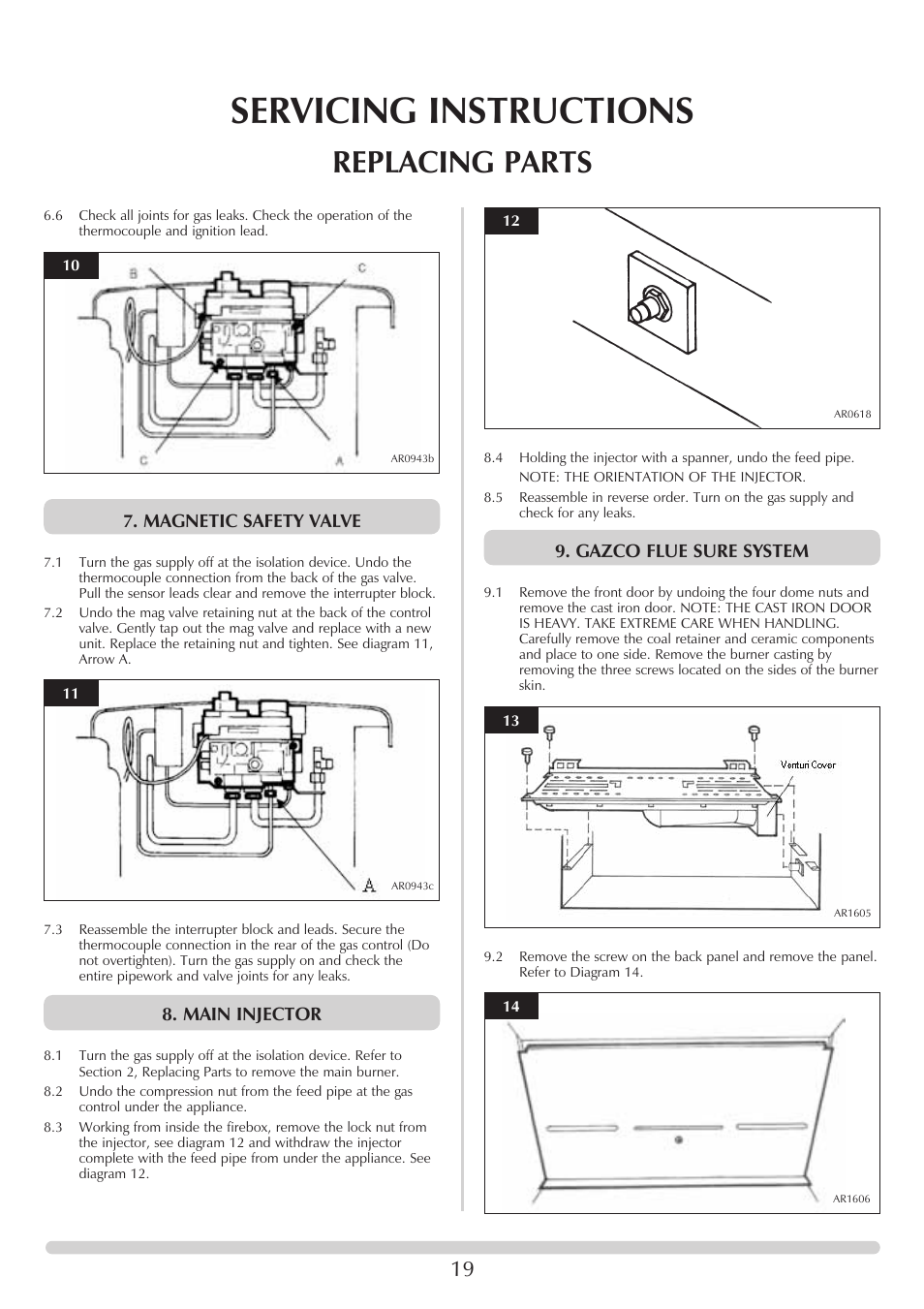 Servicing instructions, Replacing parts, Magnetic safety valve | Main injector, Gazco flue sure system | Stovax 705088 User Manual | Page 19 / 23