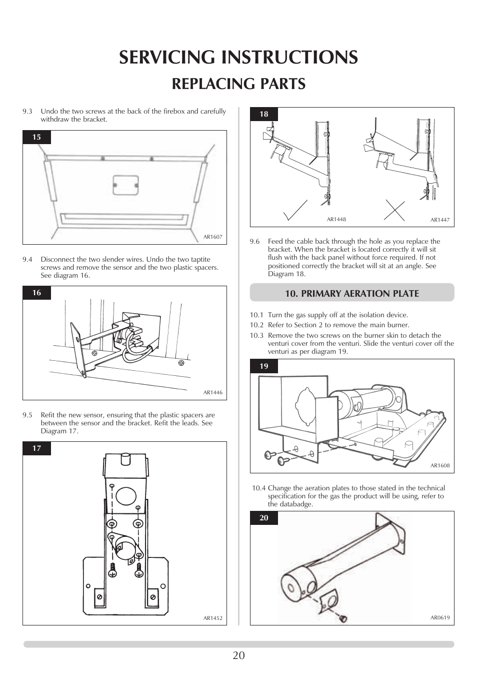 Servicing instructions, Replacing parts, Primary aeration plate | Stovax 705088 User Manual | Page 20 / 23