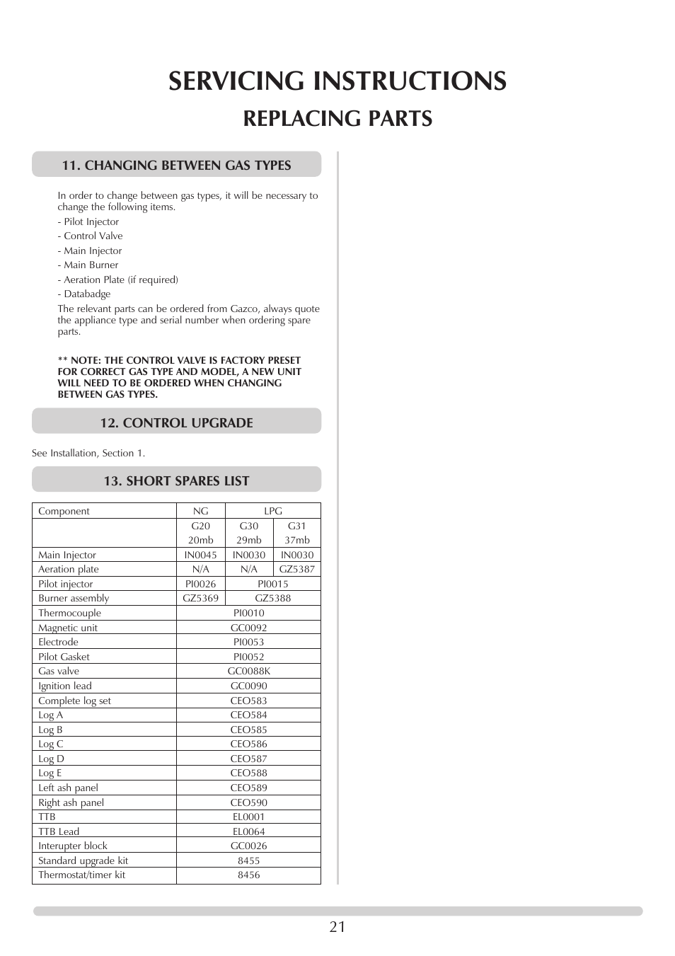 Servicing instructions, Replacing parts, Changing between gas types | Control upgrade, Short spares list | Stovax 705088 User Manual | Page 21 / 23