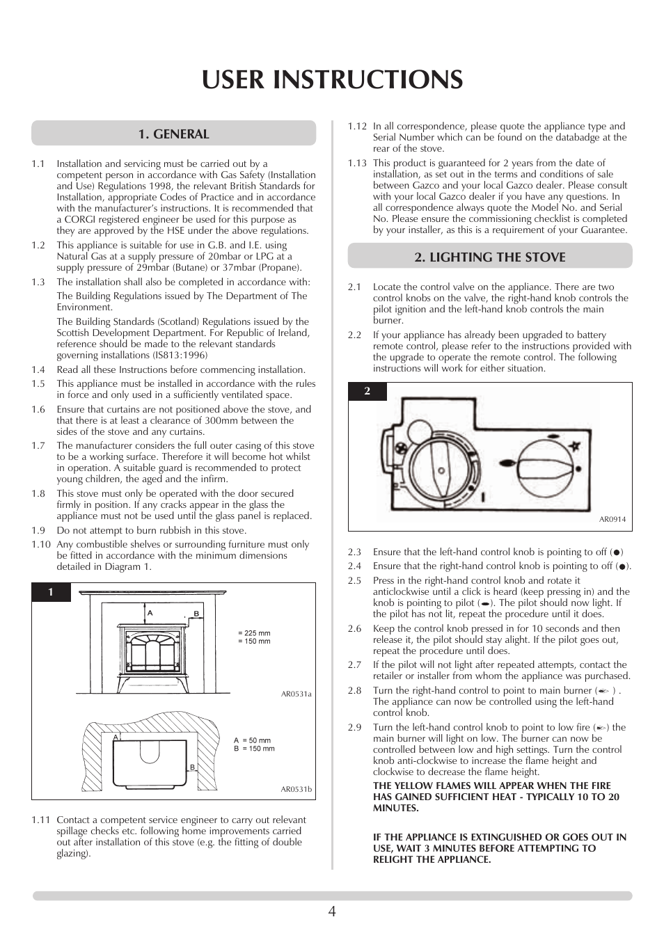 User instructions, General, Lighting the stove | Stovax 705088 User Manual | Page 4 / 23