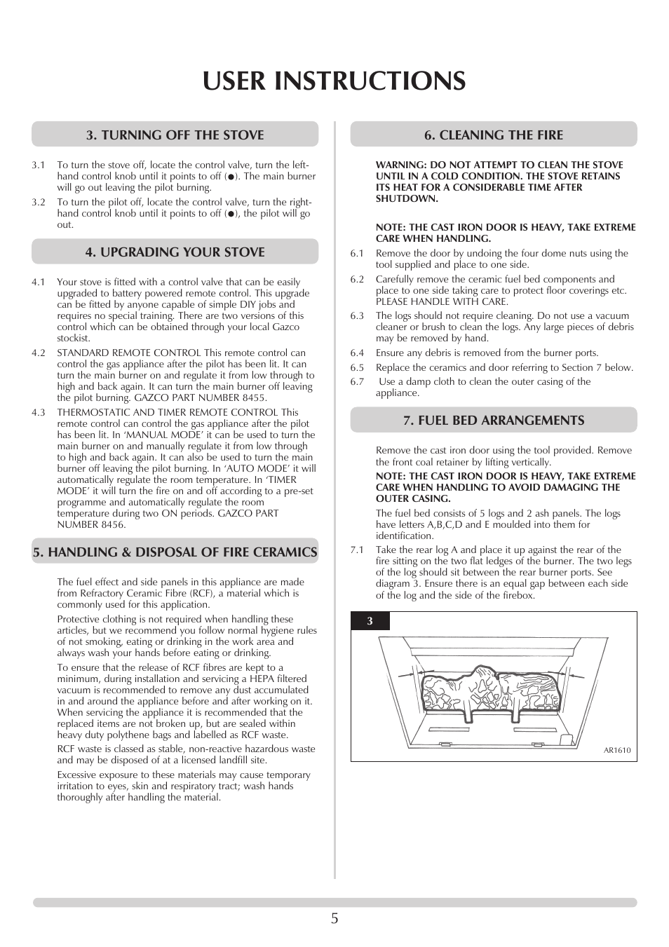 User instructions, Cleaning the fire, Fuel bed arrangements | Turning off the stove, Upgrading your stove, Handling & disposal of fire ceramics | Stovax 705088 User Manual | Page 5 / 23