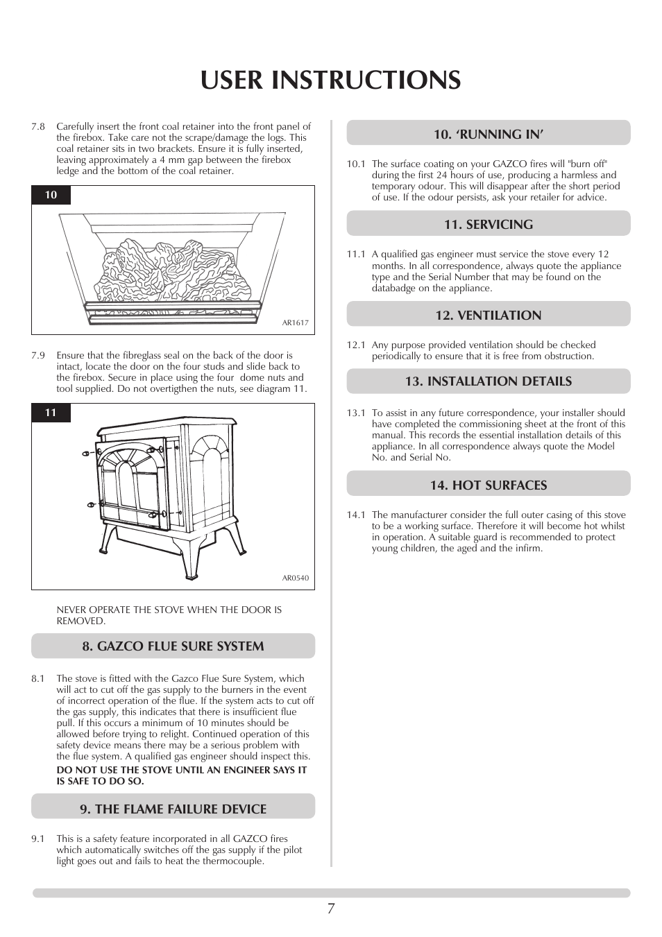 User instructions, Gazco flue sure system, The flame failure device | ‘running in, Servicing, Ventilation, Installation details, Hot surfaces | Stovax 705088 User Manual | Page 7 / 23