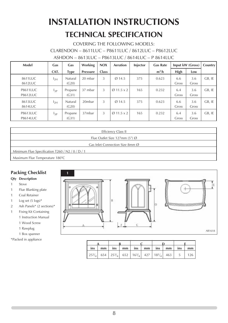 Installation instructions, Technical specification, Packing checklist | Stovax 705088 User Manual | Page 8 / 23