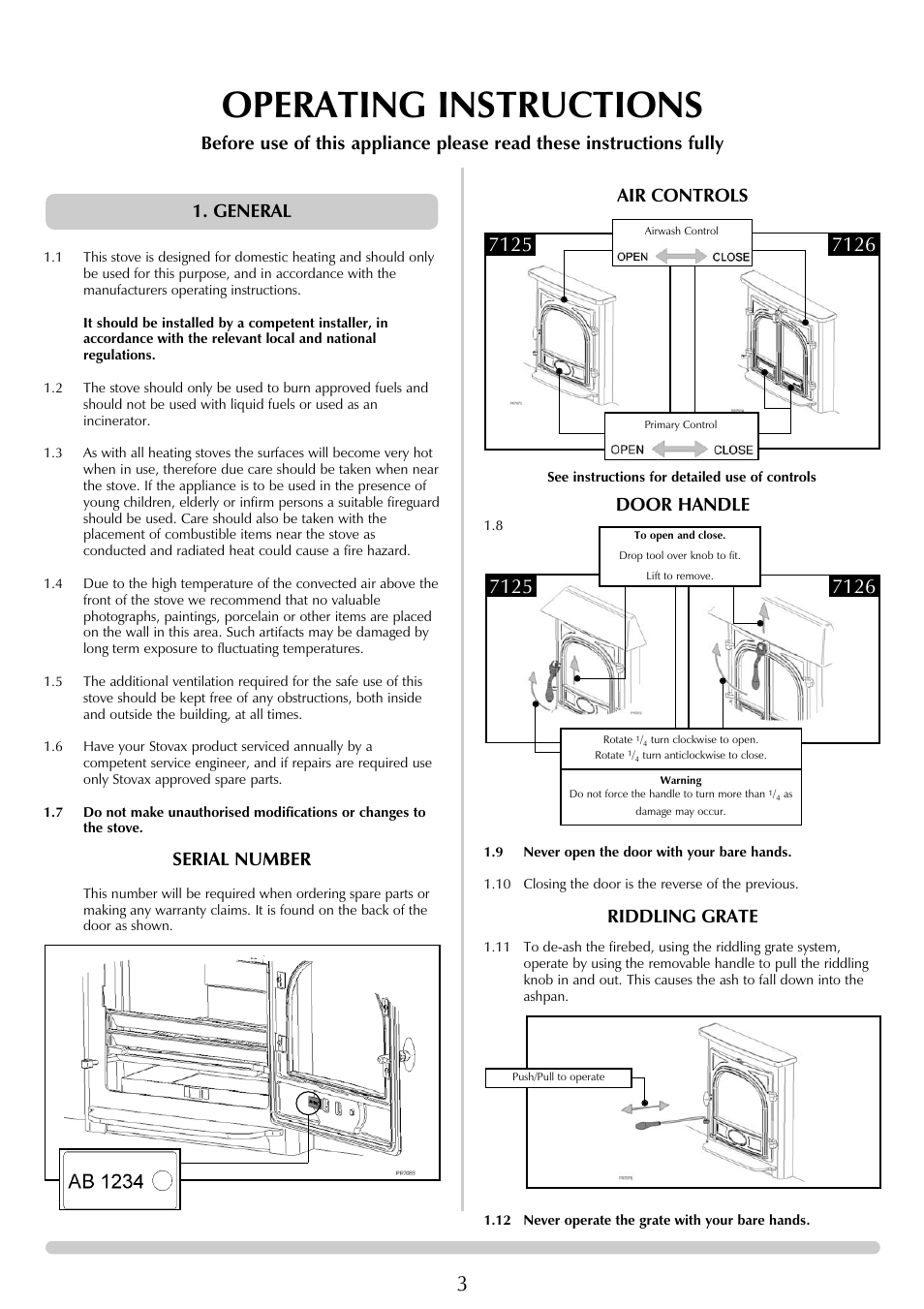 Operating instructions, Serial number, General | Stovax 7125 User Manual | Page 3 / 12