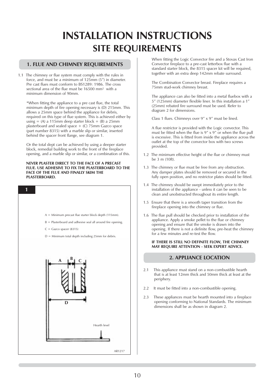 Installation instructions, Site requirements, Flue and chimney requirements 1 | Appliance location | Stovax Logic Hotbox & Convector Fire User Manual | Page 10 / 24